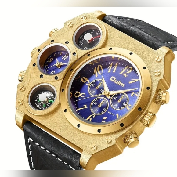 Mens large face dual time zone watch, leather, new in box - Picture 4 of 5